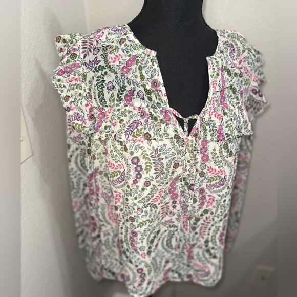 LOFT Pink and Green Petite Floral Scalloped Ruffle Cottagecore Blouse- Large - Picture 2 of 8